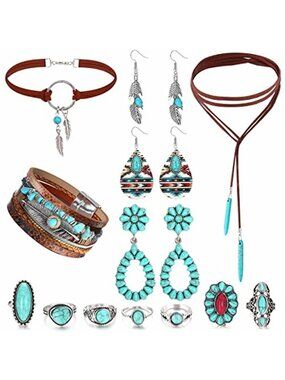 Turquoise Jewelry Set Boho Western Necklace Bracelet Rings Earrings Women